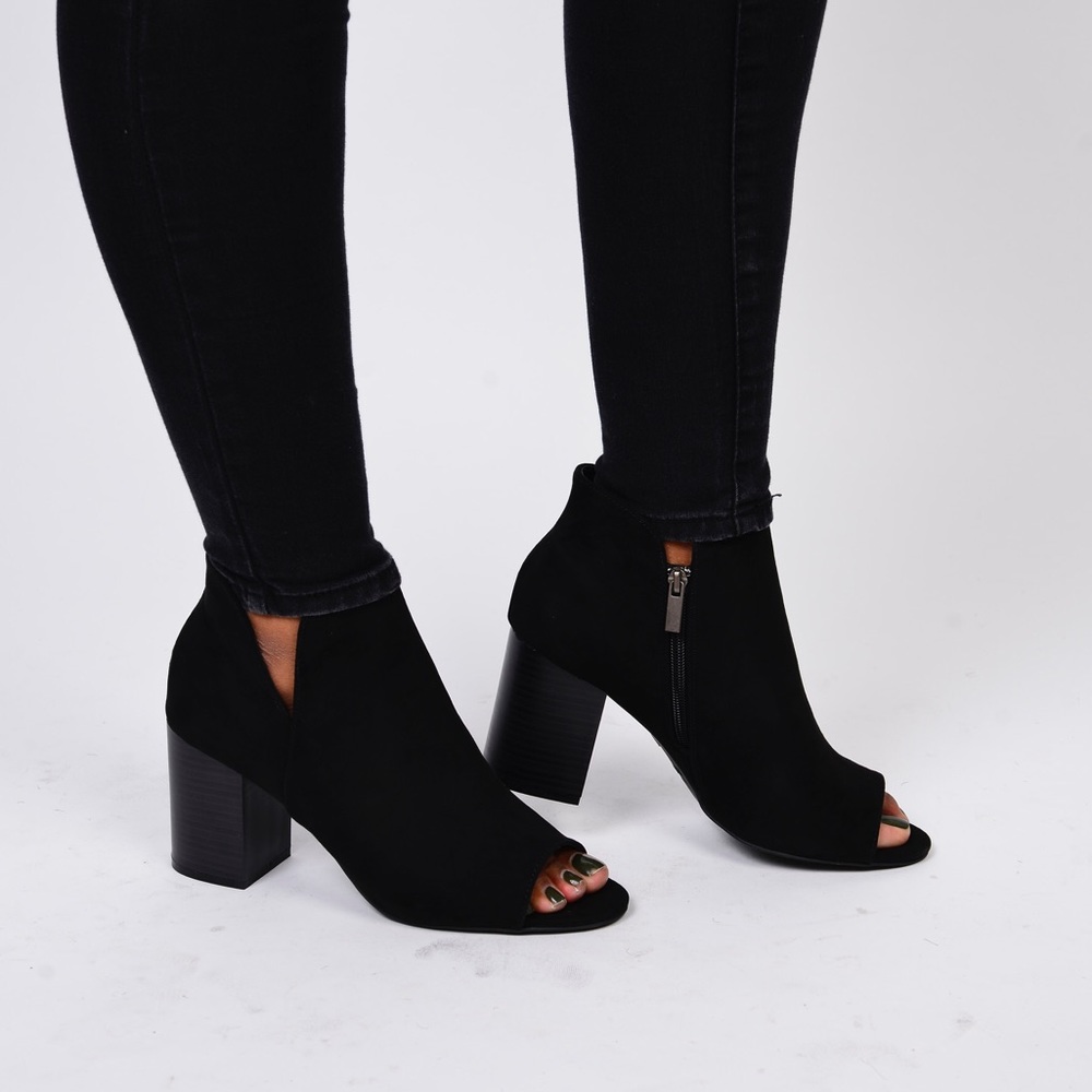 Black Chunky Heel Open Toe Bootie